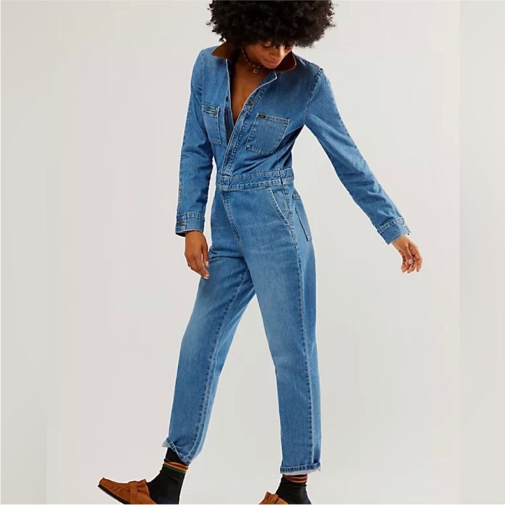 NWT $158 Lee Union- Alls Blue Denim Overalls Corduroy Collar Size Small